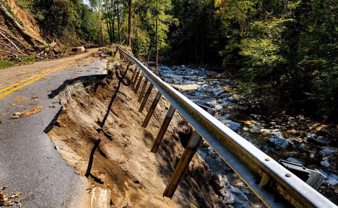 U.S. 176 between Saluda and Tryon, N.C., is closed on Monday, Oct. 7, 2024, due to numerous landslides and flooding from Hurricane Helene.