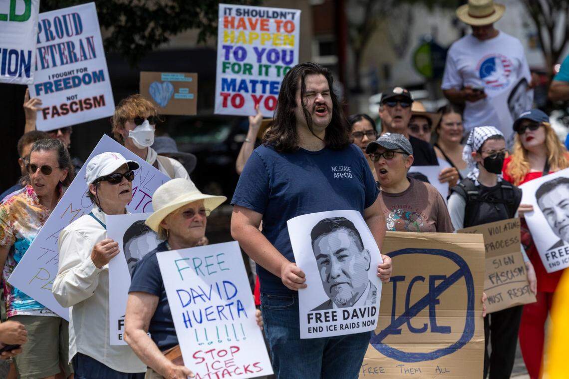 More than 100 demonstrators rallied in Moore Square in Raleigh on Monday, June 9, 2025, to protest recent nationwide ICE raids and arrests, including the detention of labor leader David Huerta during a raid in Los Angeles on Friday.