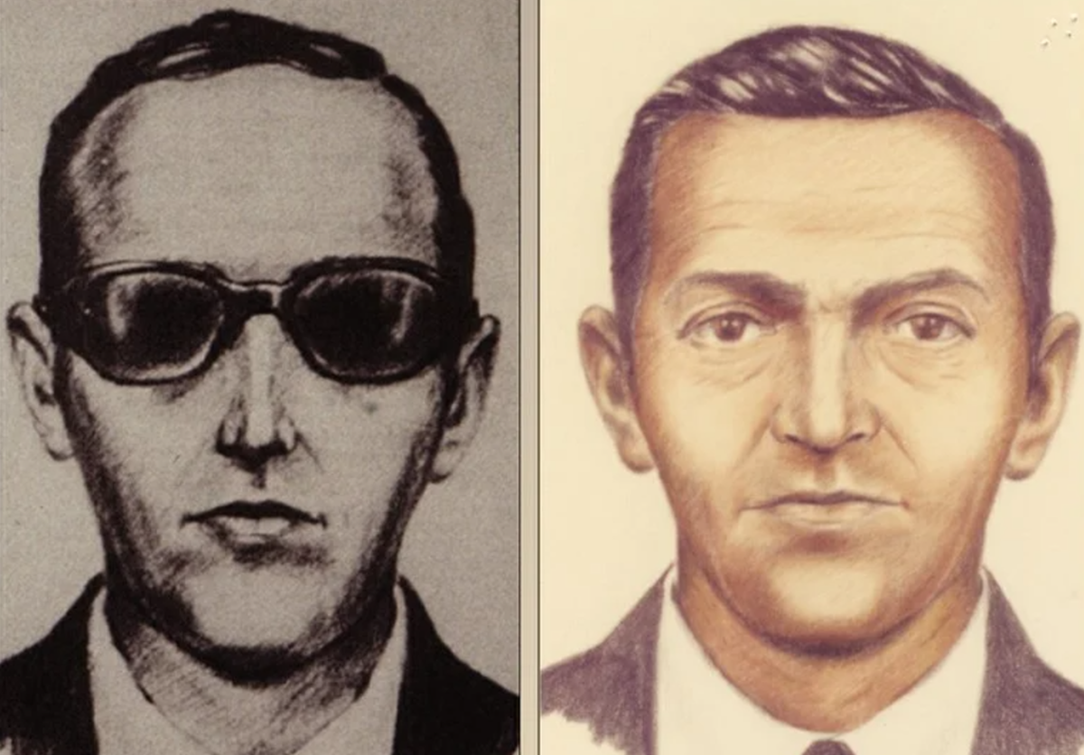 Sketches of D.B. Cooper, the infamous hijacker who jumped from a plane outside Seattle after ransoming passengers for $200,000 and four parachutes.