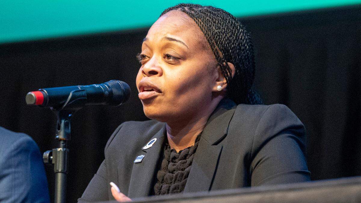Raleigh police chief candidate Sonia Russell, commander of crime control strategies for the Detroit Police Department, answers questions during a community forum at the Martin Marietta Center for the Performing Arts on Monday, Feb. 24, 2025. Raleigh Police Chief Estella Patterson announced in December that she will retire in March.