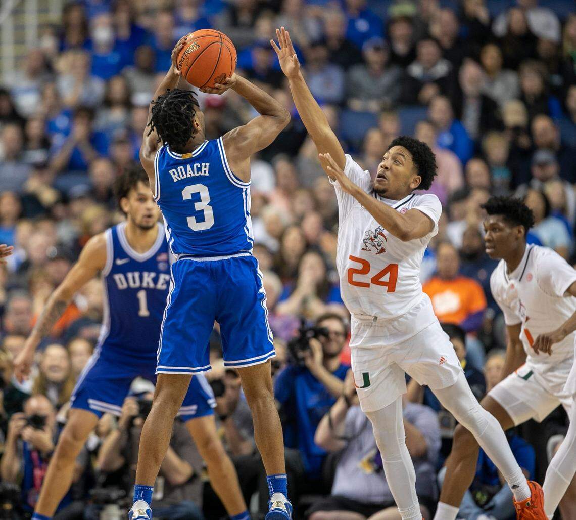 Duke’s Tyrese Proctor (5) hits a three point shot to take a 78-71 lead with 1:32 to play against Miami during in the semi-finals of the ACC Tournament on Friday, March 10, 2023 at the Greensboro Coliseum in Greensboro, N.C.