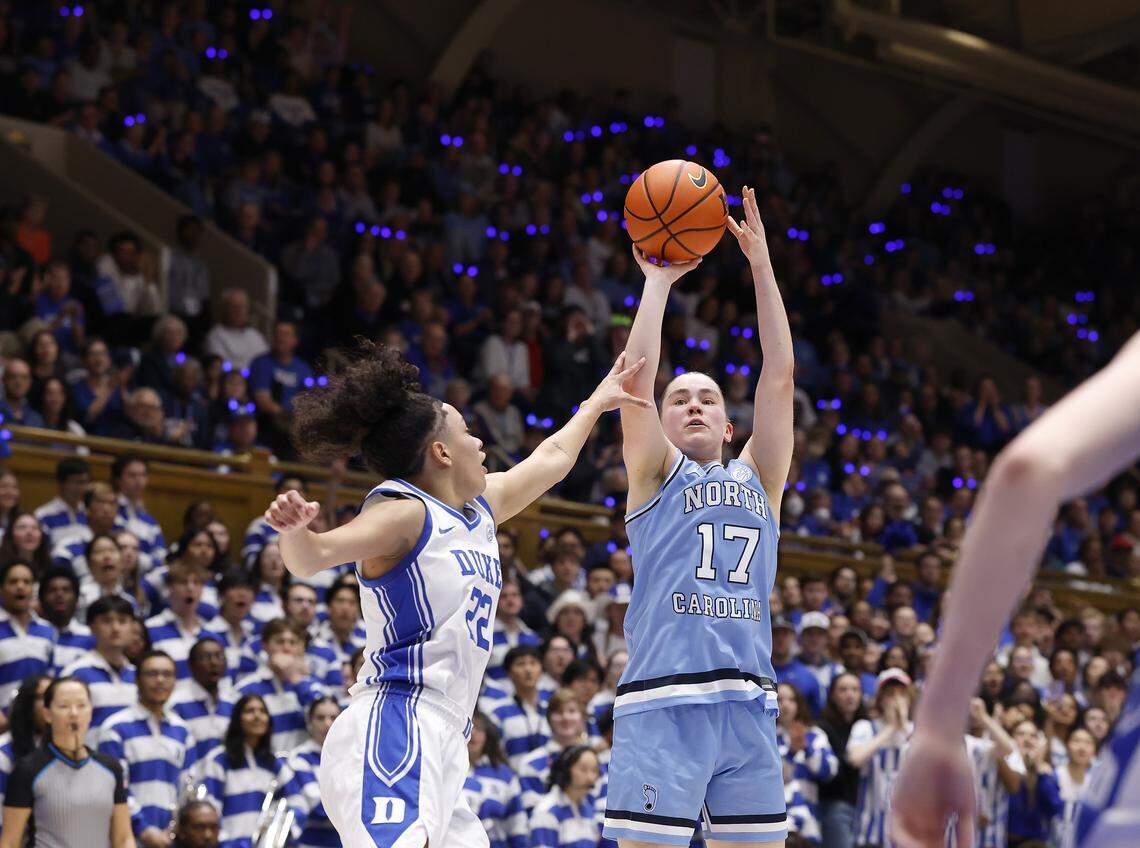 North Carolina’s Elina Aarnisalo shoots over Duke’s Taina Mair during the first half of the Tar Heels’ 72-68 loss on Sunday, Feb. 15, 2026, at Cameron Indoor Stadium in Durham, N.C.