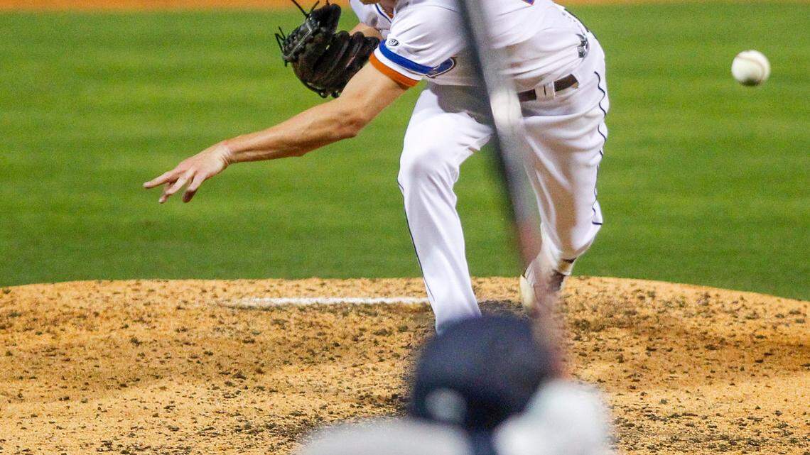Durham Bulls’ Zack Erwin (32) pitches during the Durham Bulls’ season opener against the Jacksonville Jumbo Shrimp at the Durham Bulls Athletic Park,Tuesday, April 12, 2022.