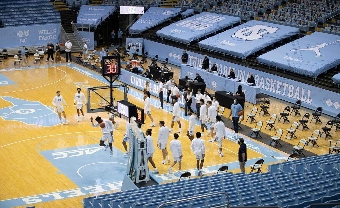 The North Carolina Tar Heels warm up for their season opening game against College of Charleston on Wednesday, November 25, 2020 at the Smith Center in Chapel Hill, N.C.