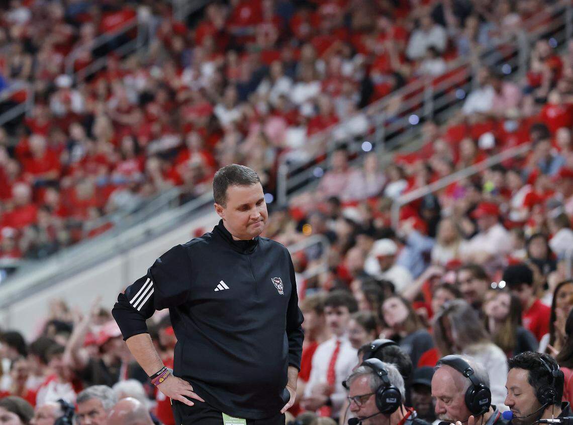 N.C. State's head coach Will Wade reacts following a Stanford block during the second half of the Wolfpack’s 85-84 loss to the Cardinal on Saturday, March 7, 2026, at Lenovo Center in Raleigh, N.C.