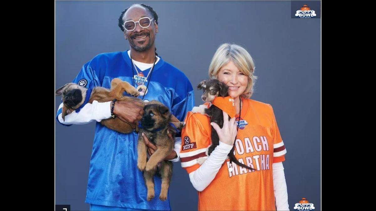 Snoop Dogg and Martha Stewart coach teams for Puppy Bowl XVIII on Animal Planet, Sunday, February 13.