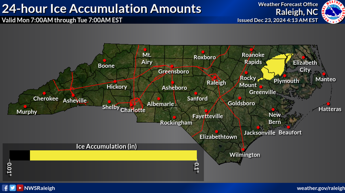 The National Weather Service says there is a slight chance of freezing rain late Monday into early Tuesday across much of Central and Eastern North Carolina, particularly near the northeast corner of the state.