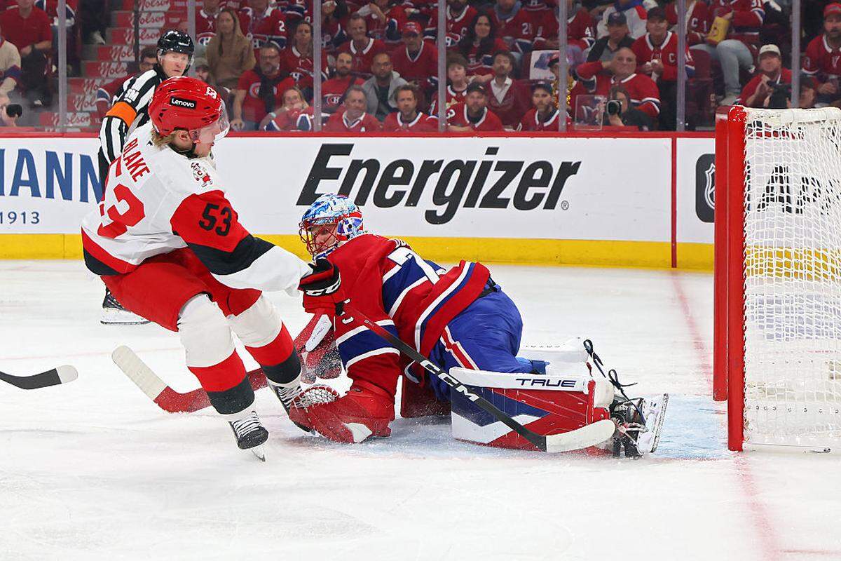 Jackson Blake of the Carolina Hurricanes shoots the puck against Jakub Dobes of the Montreal Canadiens during the first period in Game Four of the Eastern Conference Final of the 2026 Stanley Cup Playoffs at Bell Centre on May 27, 2026 in Montreal, Quebec.