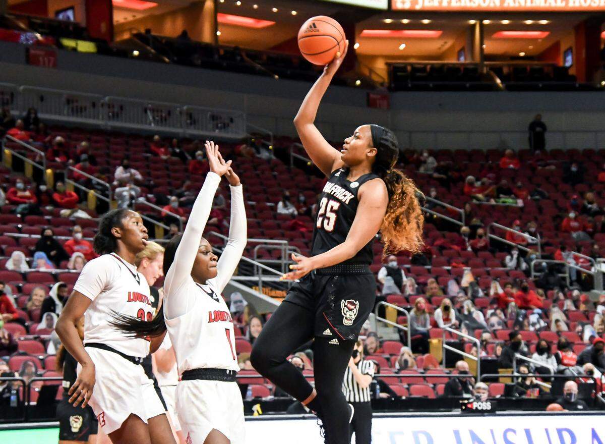 N.C. State’s Kayla Jones (25) takes a shot during the Wolfpack’s game against Louisville at KFC Yum! Center in Louisville, Ky. Monday, February 1, 2021.