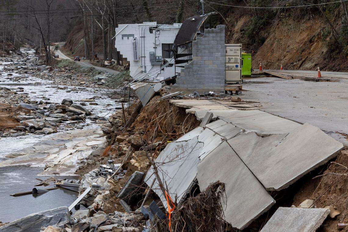 A damaged building from Hurricane Helene flooding in Bat Cave, N.C., on Wednesday, December 18, 2024.  The Broad River and Hickory Creek unite here to form the Rocky Broad River that flows through Chimney Rock and on into Lake Lure. 