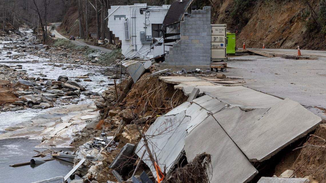 A damaged building from Hurricane Helene flooding in Bat Cave, N.C., on Wednesday, December 18, 2024. The Broad River and Hickory Creek unite here to form the Rocky Broad River that flows through Chimney Rock and on into Lake Lure.