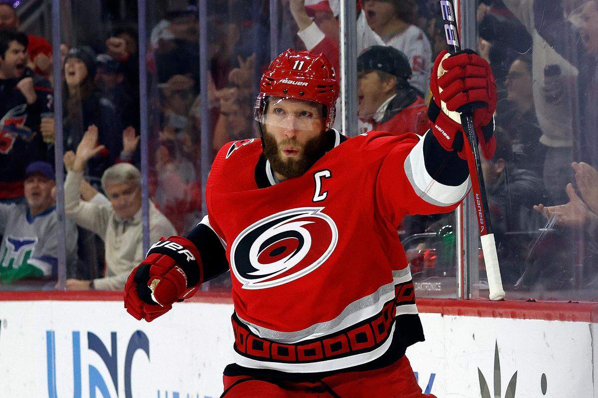 Carolina Hurricanes’ Jordan Staal celebrates his goal against the New Jersey Devils during the second period of an NHL hockey game in Raleigh, N.C., Tuesday, Dec. 20, 2022. (AP Photo/Karl B DeBlaker)