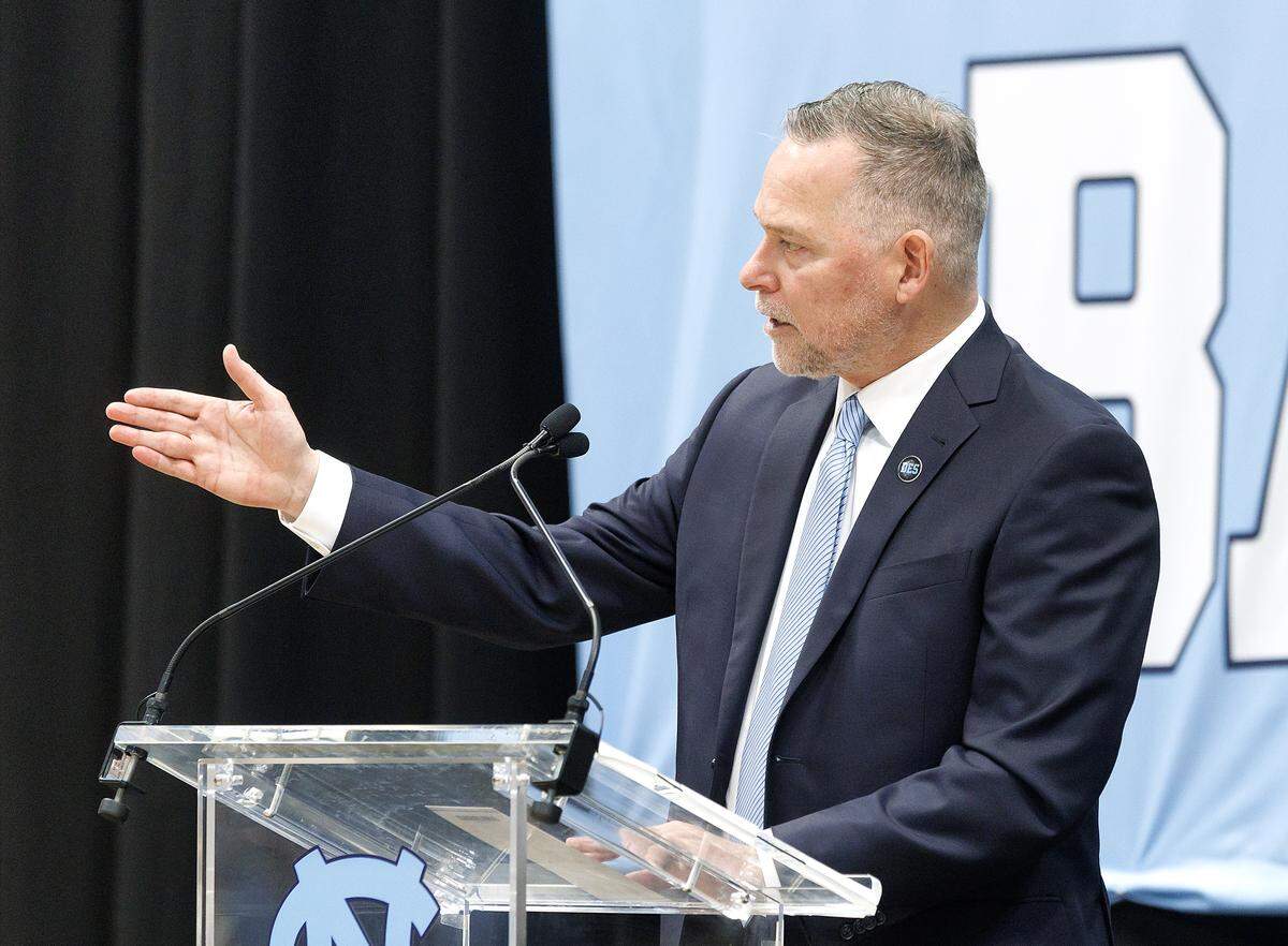New North Carolina men’s basketball head coach Michael Malone speaks during a press conference at the Smith Center on Tuesday, April 7, 2026, in Chapel Hill, N.C. 