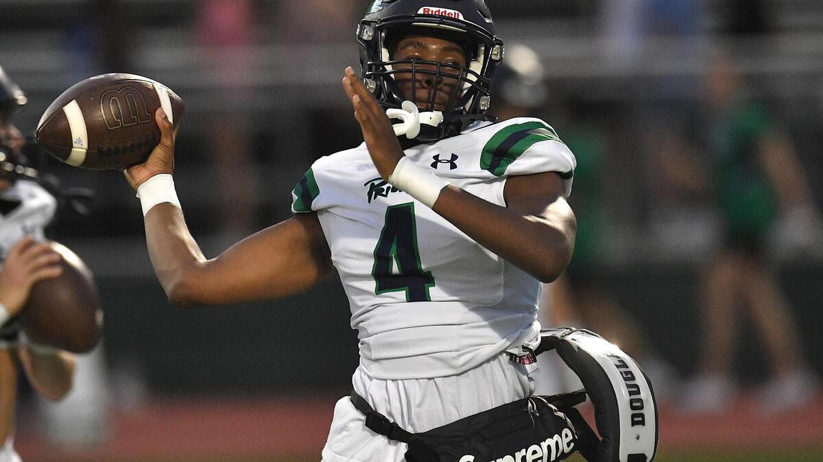 Leesville Road quarterback Deiondre Goldston (4) looks to pass during pre-game against Leesville Road.The Cardinal Gibbons Crusaders and the Leesville Road Pride met in a conference football game in Raleigh, N.C. on October 27, 2023.