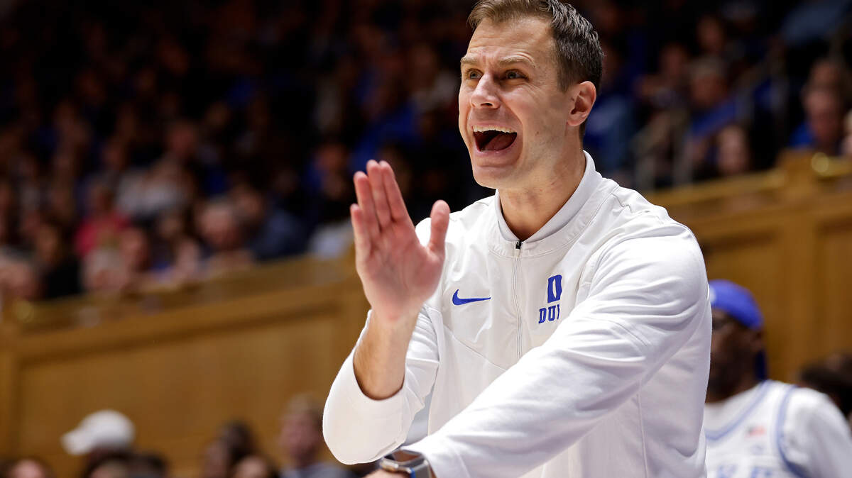 Duke head coach Jon Scheyer reacts to the lack of a foul call during the second half of the Blue Devils’ game against Florida State at Cameron Indoor Stadium on Saturday, Dec. 31, 2022, in Durham, N.C.