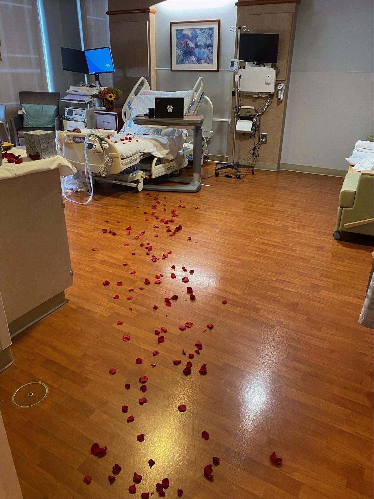 A team at the UNC Rex Women’s Center decorated patient Vicky Abarca Zacatula’s room with rose petals to celebrate her wedding day, hosted in the hospital’s chapel.