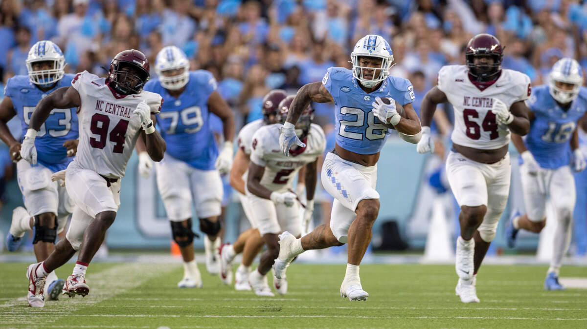 North Carolina running back Omarion Hampton (28) breaks open for a 53-yard gain in the second quarter against North Carolina Central on Saturday, September 14, 2024 at Kenan Stadium in Chapel Hill, N.C.