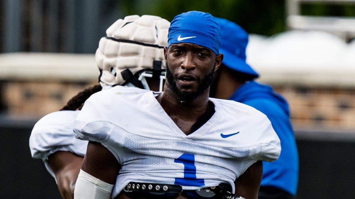 Duke football safety Darius Joiner (1) transferred to the Blue Devils this year after playing at Western Illinois and Jacksonville State earlier in his college football career.