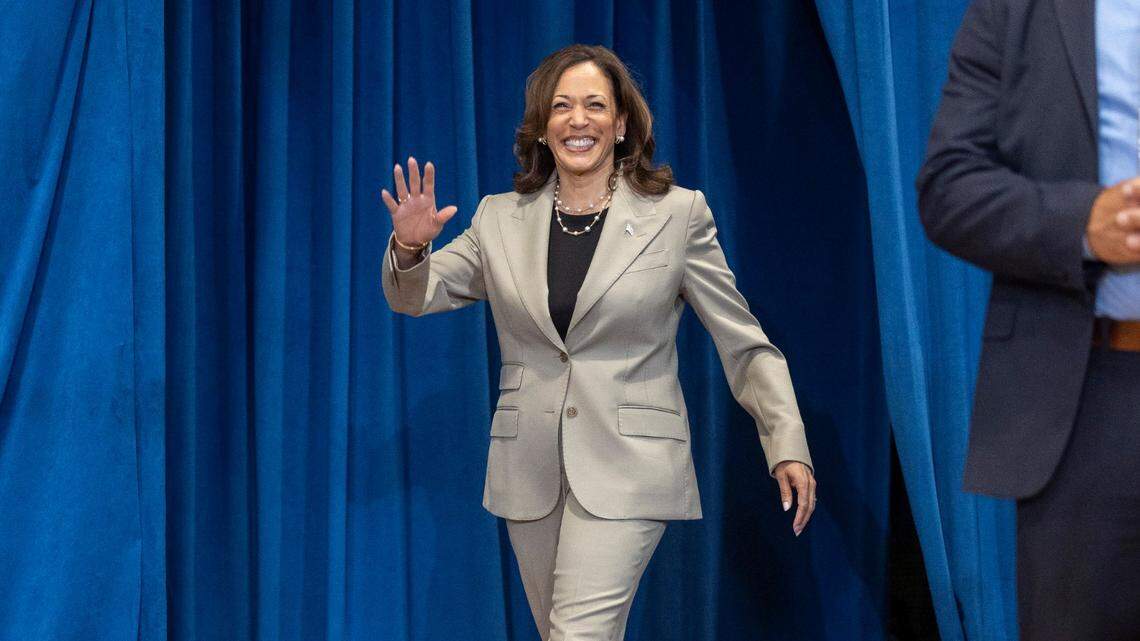 Vice President Kamala Harris arrives for a rally during a campaign stop at Westover High School on Thursday, July 18, 2024 in Fayetteville, N.C.