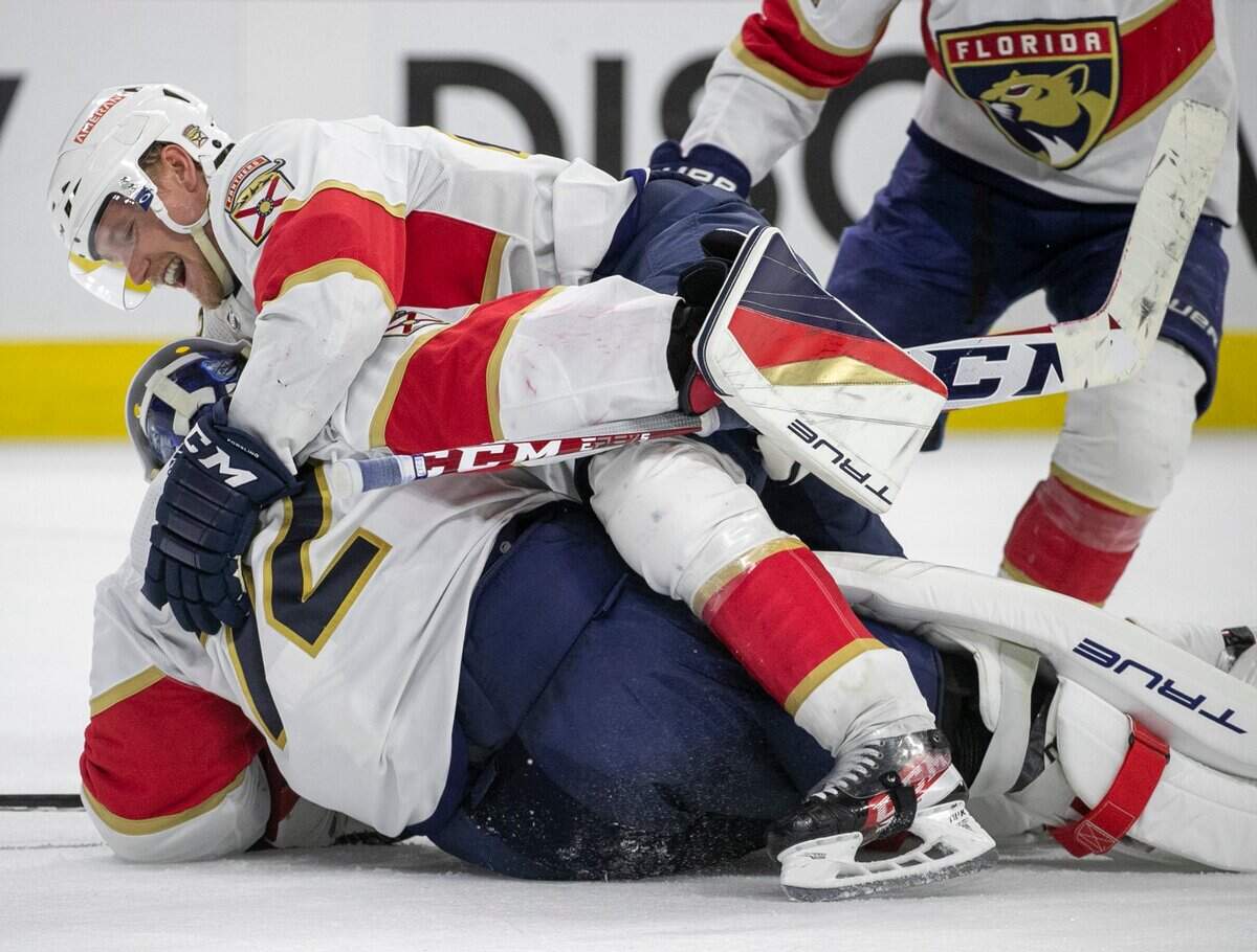 The Florida Panthers Gustav Formling (42) piles atop goalie Sergei Bobrovsky (72) as they celebrate their 3-2 victory over the Carolina Hurricanes in four overtimes, after a goal by Matthew Tkachuk, during Game 1 of the Eastern Conference Finals on Friday, May 19, 2023 at PNC Arena in Raleigh, N.C.