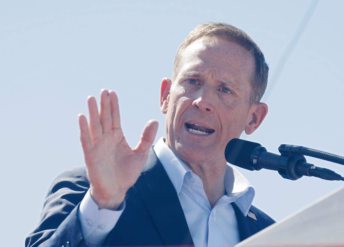 U.S. Sen. Ted Bud speaks during a rally in support of former President and current Republican candidate for president Donald Trump in Wilmington, N.C. on Saturday, Sept. 21, 2024.