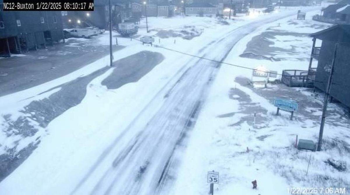 An N.C. Department of Transportation traffic provides a rare glimpse of snow on N.C. 12 along the Outer Banks around 8 a.m. Wednesday. Up to 9 inches of snow fell along the coast starting Tuesday night, Jan. 21.
