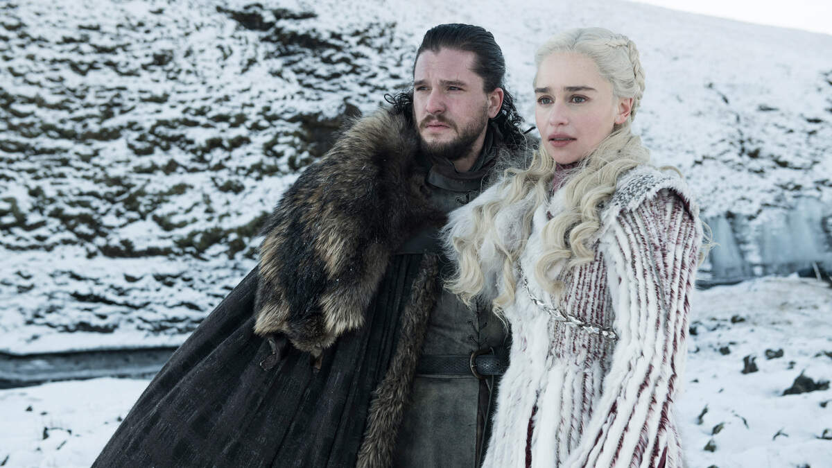 Kit Harington, left, and Emilia Clark in Season 8 of HBO’s “Game of Thrones.”