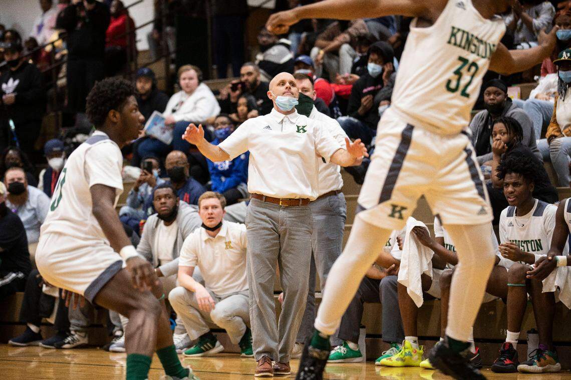 Kinston Vikings head coach Perry Tyndall reacts to a play during the team’s game against Farmville Central during the Brandon Ingram MLK Showcase in Kinston, N.C. on Saturday, Jan. 15, 2022.