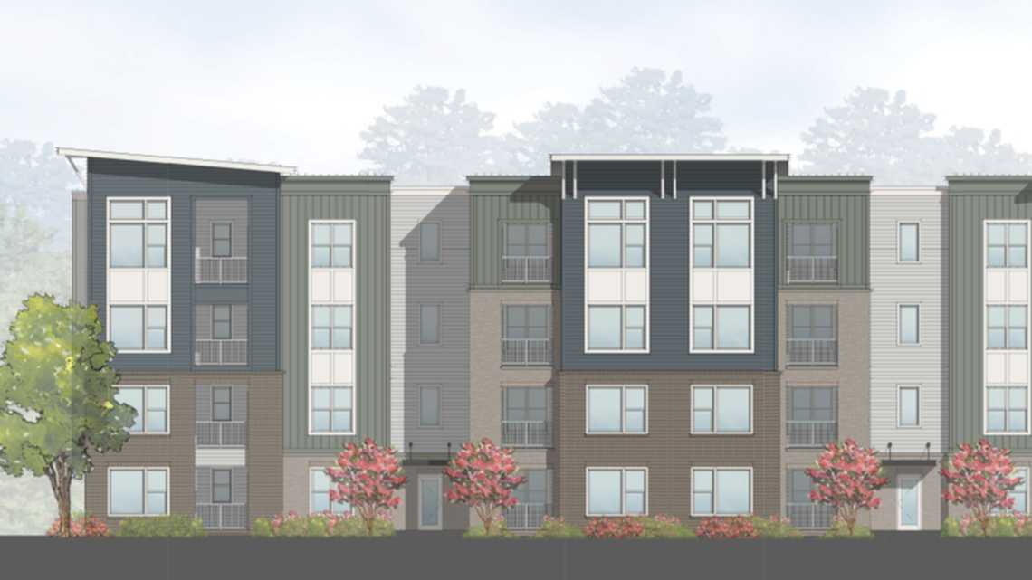 A rendering of a $50 million apartment complex planned for a 26-acre lot next to Drive Shack in West Raleigh.
