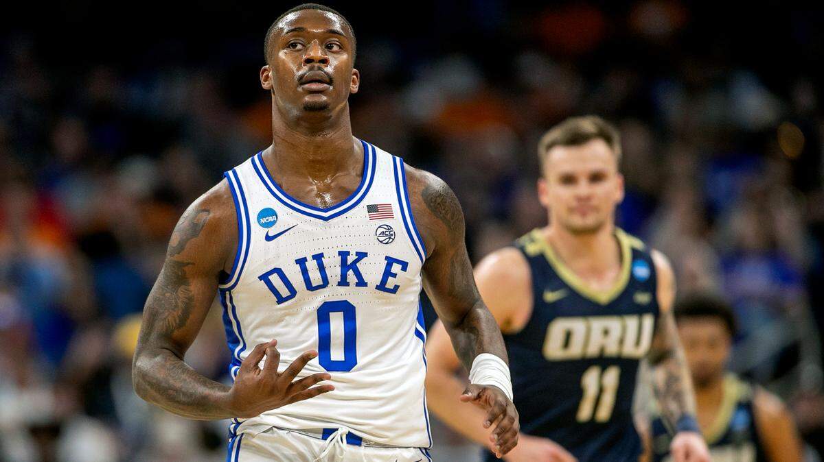 Duke’s Dariq Whitehead (0) reacts after sinking a three point basket against Oral Roberts to take an 18 point lead in the first half during the first round of the NCAA Tournament on Thursday, March 16, 2023 at the Amway Center in Orlando, Fla.