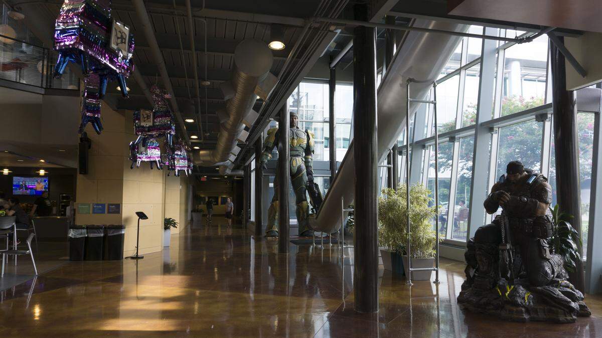 The inside of Cary-based Epic Games’ headquarters, where characters from its video games have statues located in the cafeteria.