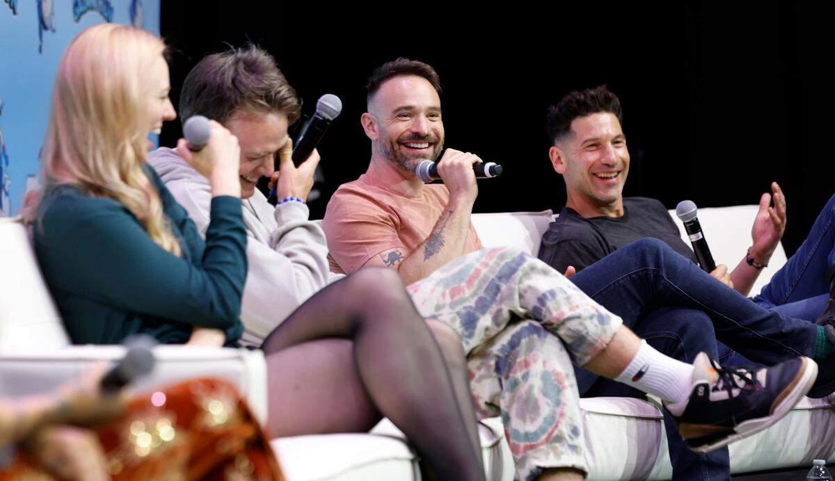 Cast members of Daredevil, from left, Deborah Ann Woll, Wilson Bethel, Charlie Cox and Jon Bernthal speak at GalaxyCon in Raleigh, N.C., Saturday, July 27, 2024.
