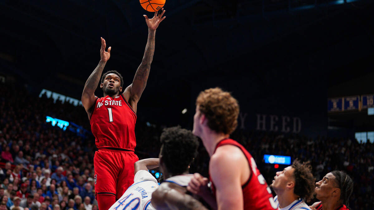 North Carolina State Wolfpack forward Brandon Huntley-Hatfield (1) shoots the ball during the first half against the Kansas Jayhawks at Allen Fieldhouse.