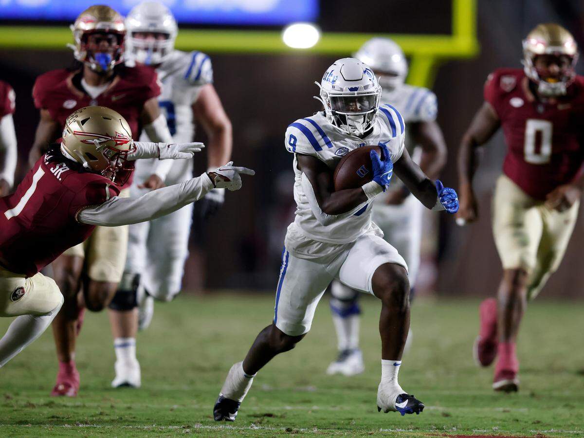 Duke’s Jaquez Moore runs the ball during the first half of the Blue Devils’ 38-20 loss to Florida State on Saturday, Oct. 21, 2023, in Tallahassee, Fla.