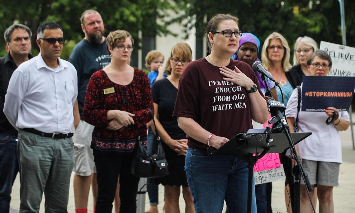Jennifer Condrey, a Wake County teacher, shares her story of sexual assault during a press conference for Believe Survivors organized in part by the Carolina Peace Center. Friday, Sept. 28, 2018. on the Bicentennial Mall in Raleigh.