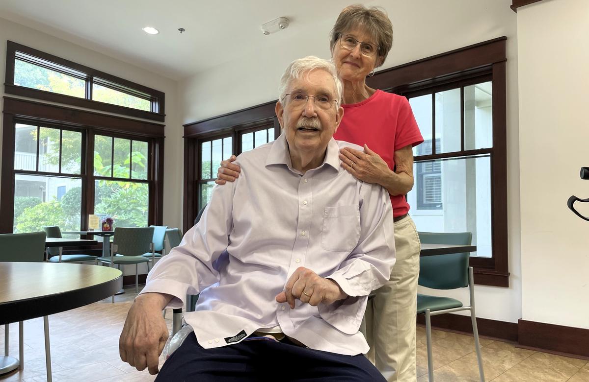Cheryl Laughter poses with her husband Don McNair at SECU Family House on Old Mason Farm Road in Chapel Hill on Friday, Oct. 4, 2024. The Asheville residents said they are grateful for their home away from home, especially in the aftermath of Helene.