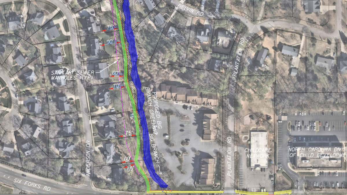This plan shows part of a proposed path for the Big Branch Creek Greenway in Raleigh, which would connect Crabtree Creek Trail to Midtown.