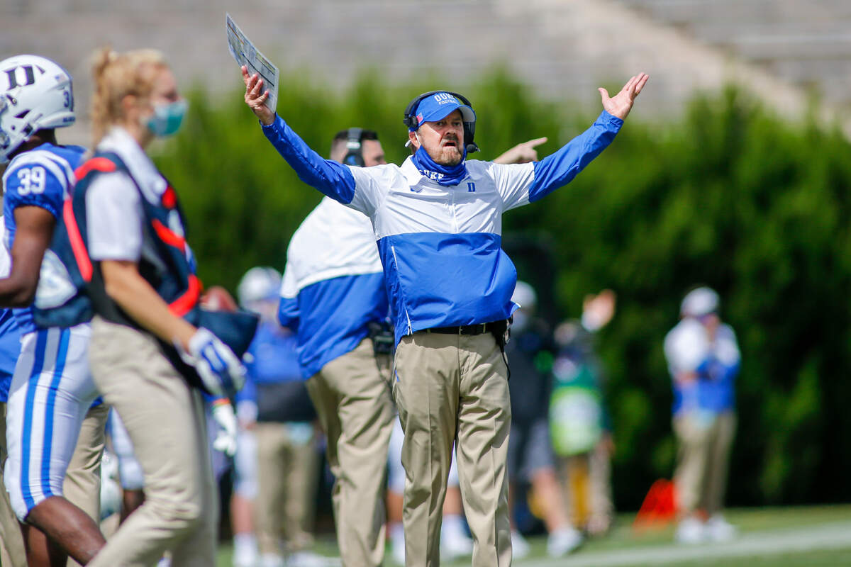 Duke Blue Devils head coach David Cutcliffe reacts after his team was called for a penalty as they play the Boston College Eagles in the second quarter at Wallace Wade Stadium.