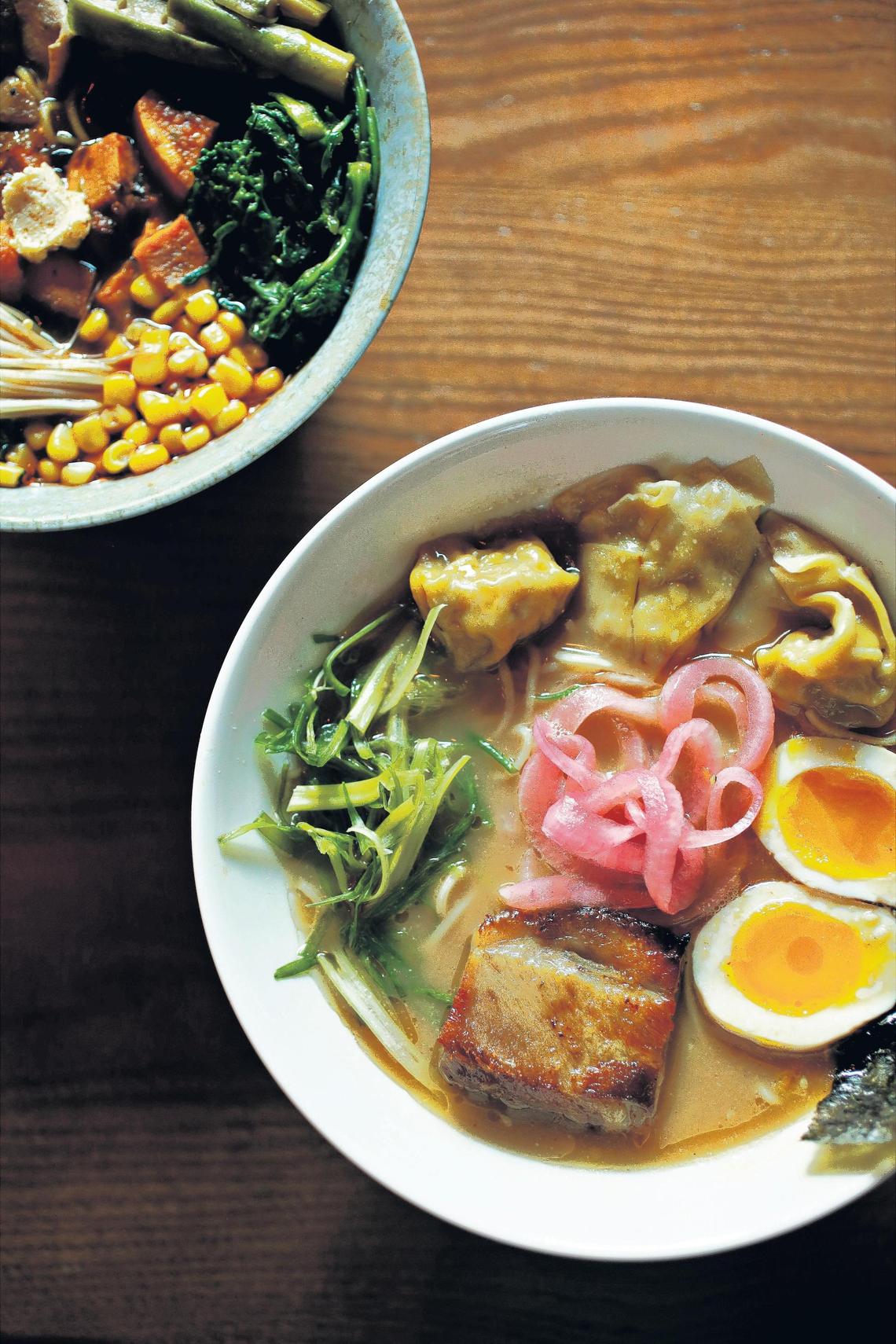 Vegetarian Ramen, top, and Tonkatsu Ramen bowls at Tonbo Ramen in downtown Raleigh.