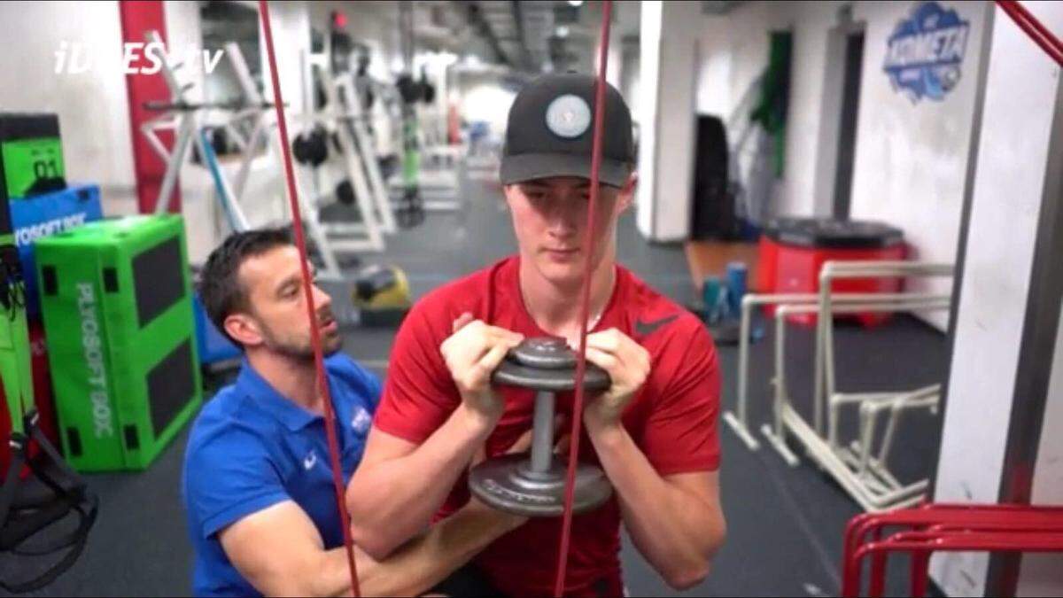 Carolina Hurricanes forward Martin Necas goes through workout with trainer Milos Peca in Czech Republic