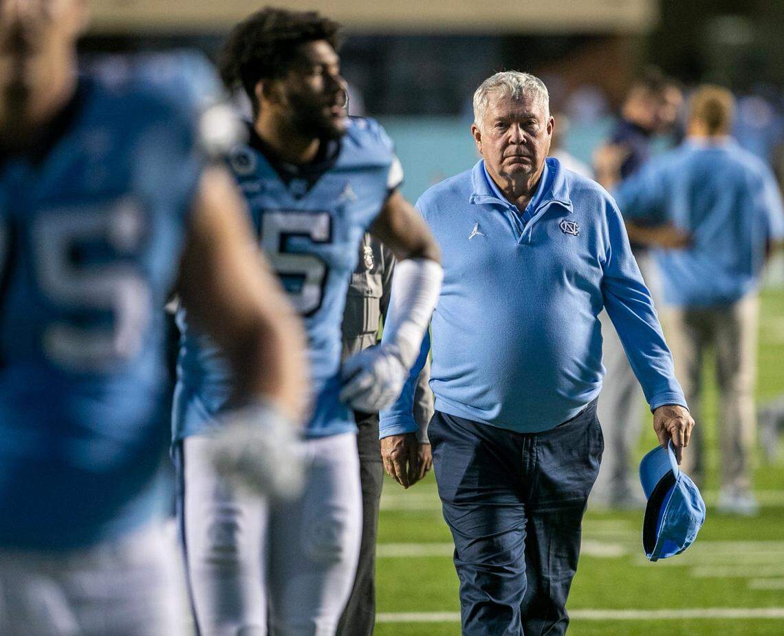North Carolina head coach Mack Brown leaves the field following the Tar Heels’ 45-32 loss to Notre Dame on Saturday, September 24, 2022 at Kenan Stadium in Chapel Hill, N.C.