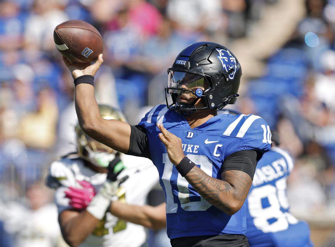 Duke quarterback Darian Mensah looks to throw during the second half of the Blue Devils’ 27-18 loss to Georgia Tech on Saturday, Oct. 18, 2025, at Wallace Wade Stadium in Durham, N.C.