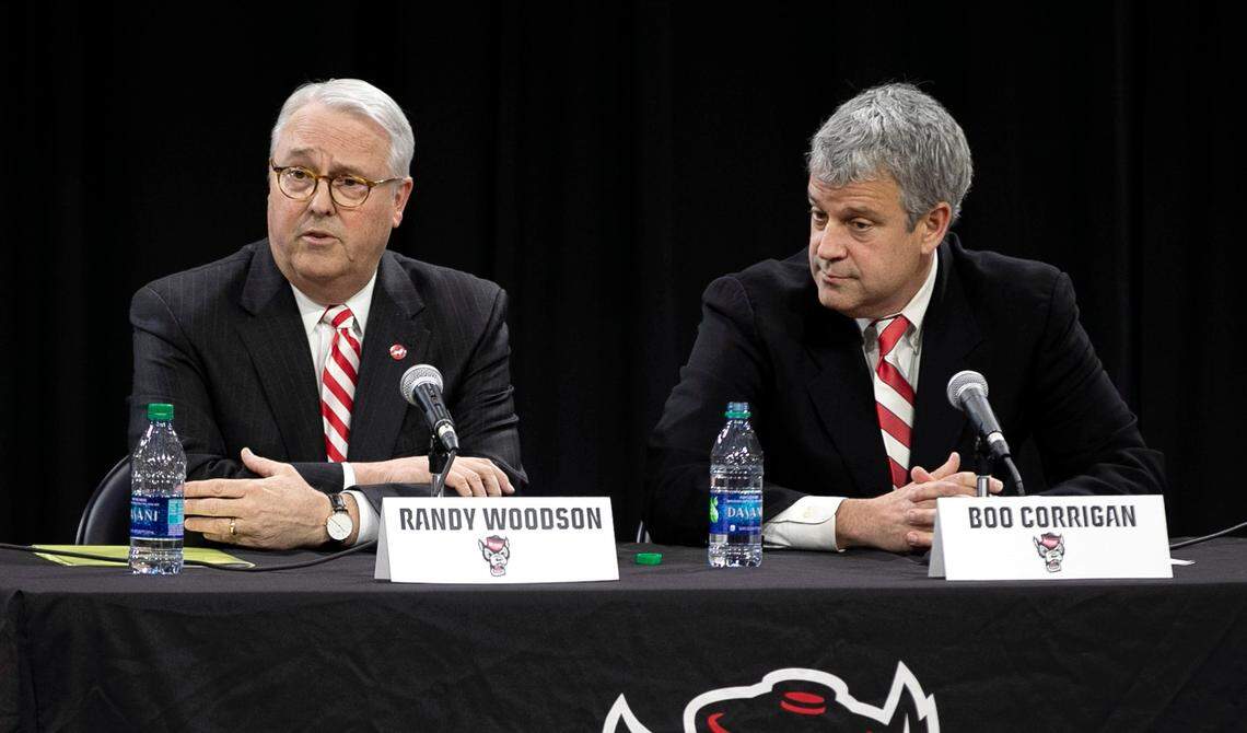 NC State’s chancellor Randy Woodson and new athletic director Boo Corrigan field questions from the media following Corrigan’s introduction at Reynold Coliseum in Raleigh in January 2019.