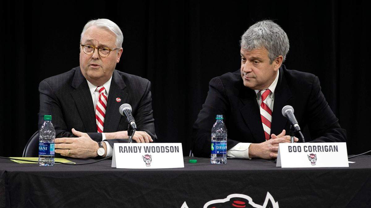NC State’s chancellor Randy Woodson and new athletic director Boo Corrigan field questions from the media following Corrigan’s introduction at Reynold Coliseum in Raleigh in January 2019.