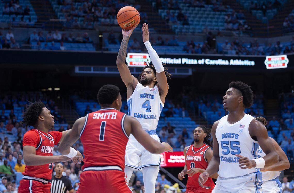 North Carolina’s R.J. Davis (4) launches a three point shot in the first half against Radford on Monday, November 6, 2023 at the Dean Smith Center in Chapel Hill, N.C.