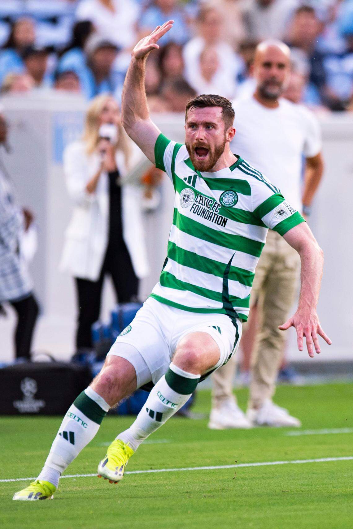 Celtic FC defender Anthony Ralston (56) reacts to a play during the Celtic FC vs Manchester City at Kenan Stadium in Chapel Hill on Tuesday, July 23, 2024. Celtic FC won 4-3.
