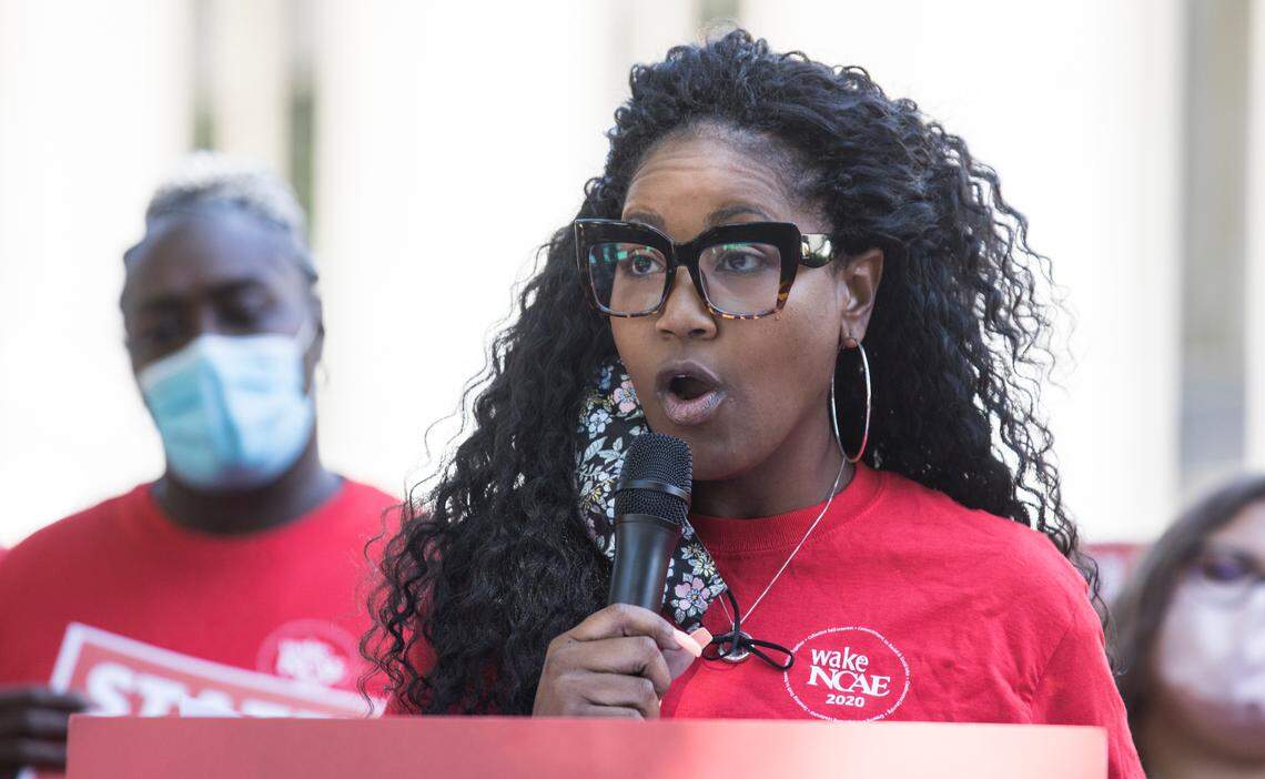 Wake County bus driver Juneakcia Green speaks during a press conference outside the General Assembly in Raleigh, N.C. on Friday, Sept. 10, 2021.
