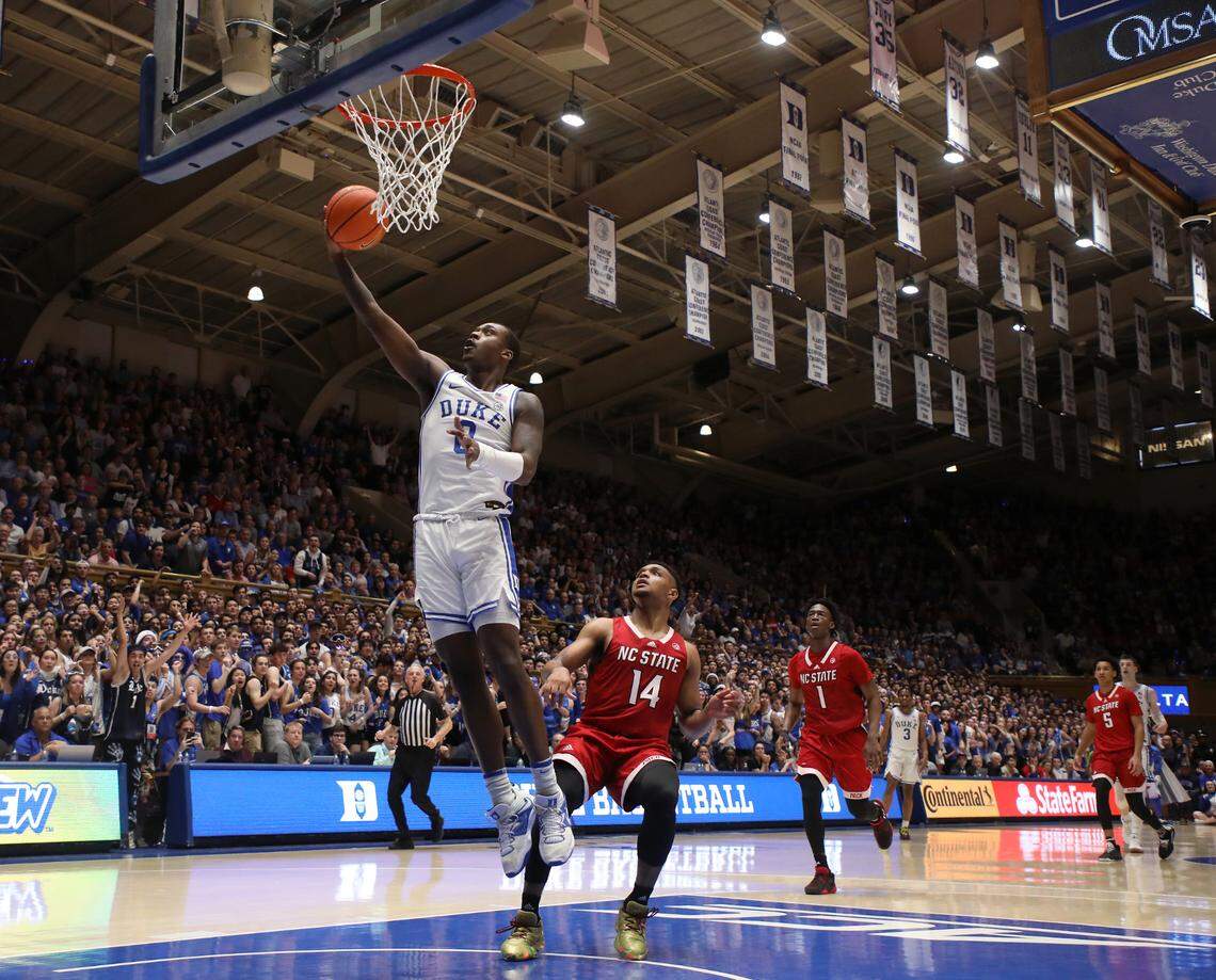 Duke’s Dariq Whitehead scores on a fast break during the second half of Duke’s 71-67 win over N.C. State on Tuesday, Feb. 28, 2023, at Cameron Indoor Stadium in Durham, N.C.