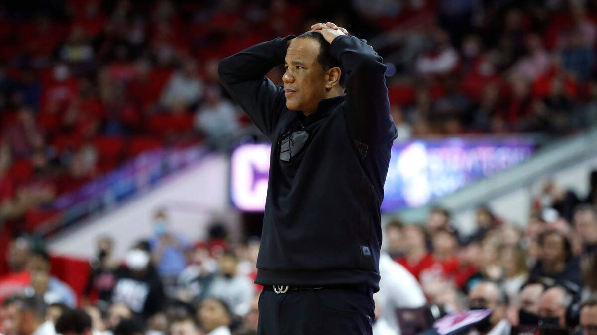 N.C. State head coach Kevin Keatts reacts to a foul on the Wolfpack during the second half of Louisville’s 73-68 victory over N.C. State at PNC Arena in Raleigh, N.C., Saturday Dec. 4, 2021.