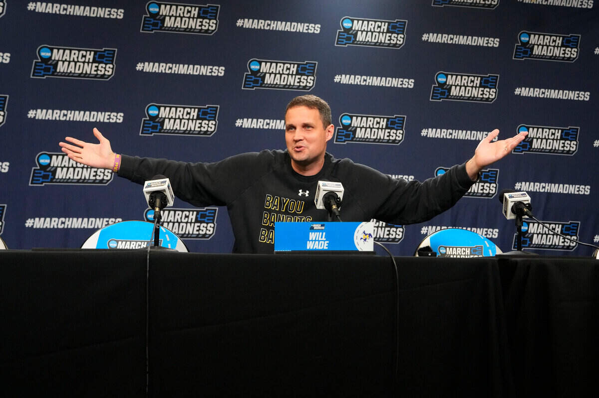 McNeese State Cowboys head coach Will Wade answers questions during the first round practice session press conference at Amica Mutual Pavilion.
